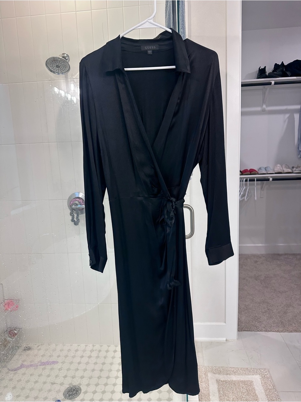 Guess Black Satin Wrap Midi Dress